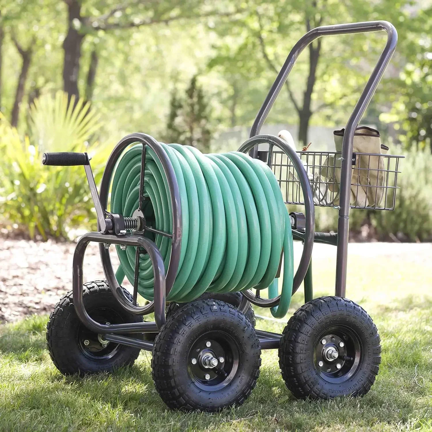 Residential Grade Four Wheel 250 Foot Capacity Steel Frame Water Hose Reel Cart with Basket for Backyard, Garden, or Home