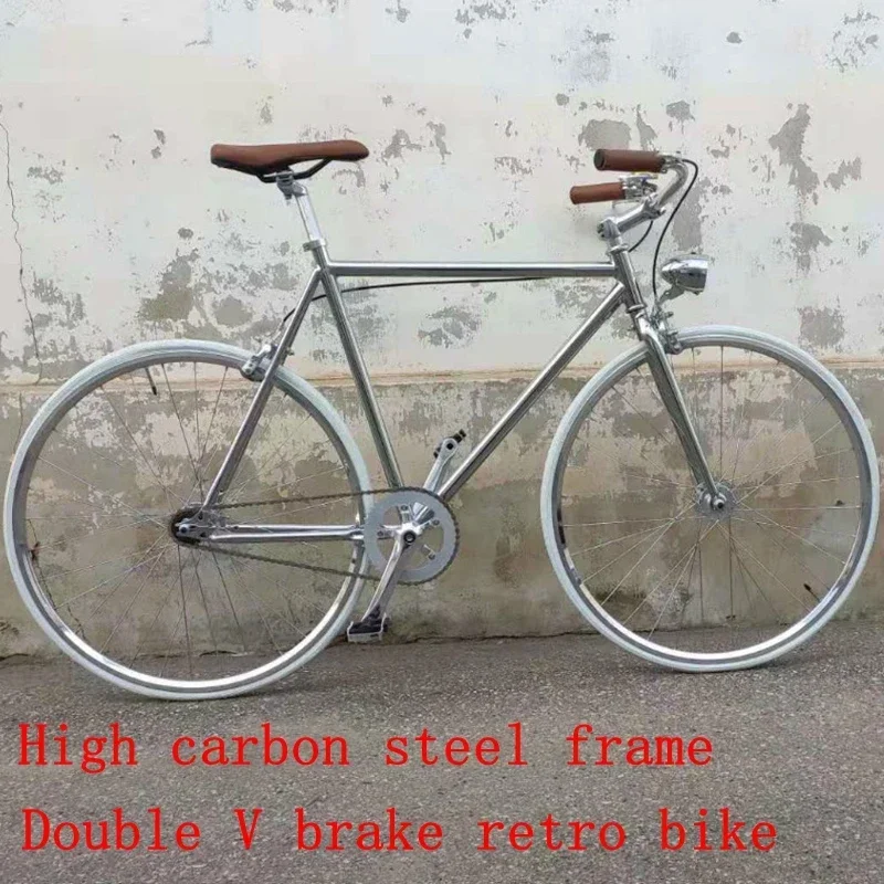 Retro bicycle silver high carbon steel frame City Bicycle double V brake light single speed outdoor bike aldult commuter riding