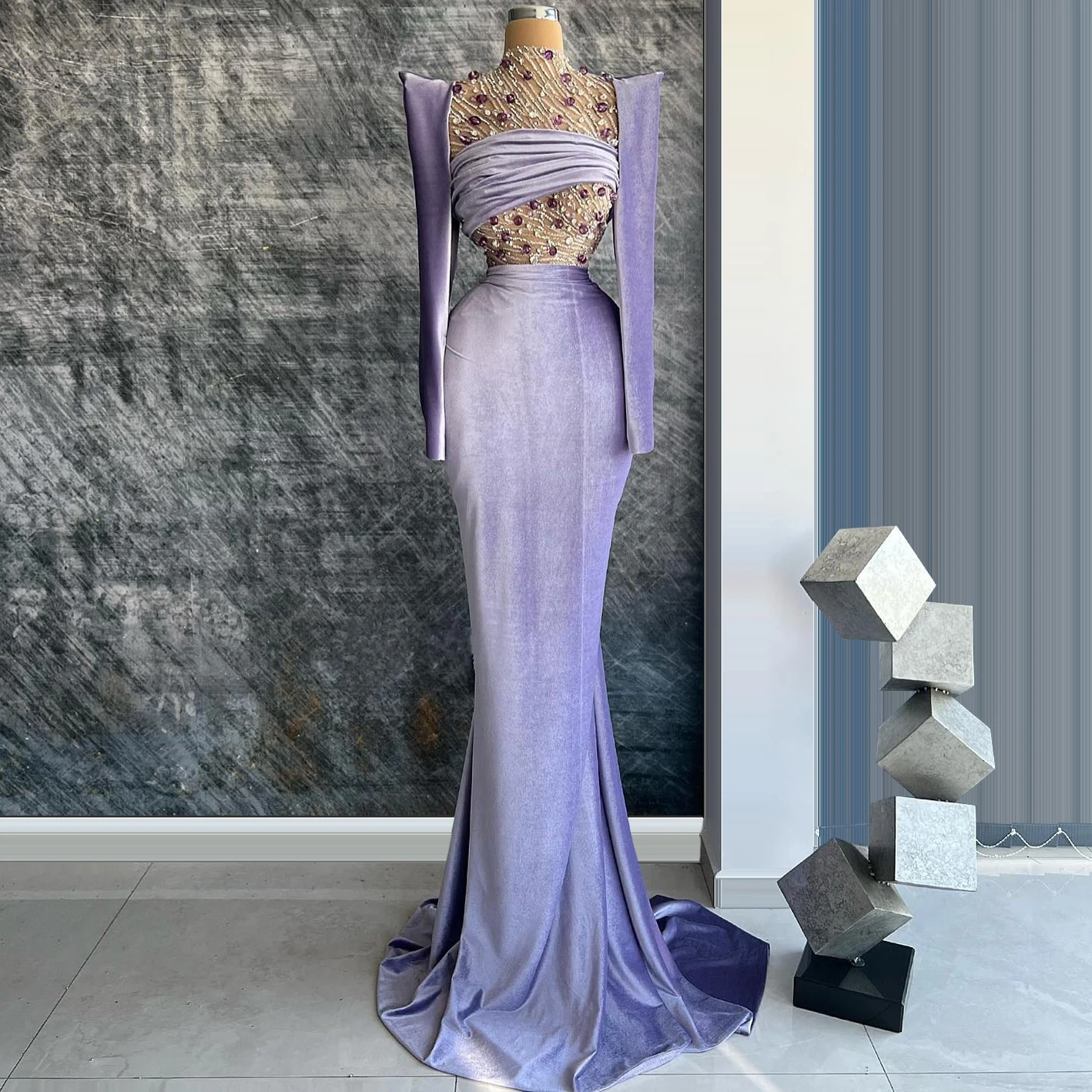 

New high-neck long sleeved evening gown with crystal lace and velvet patchwork ball gown party dress banquet dress customizable