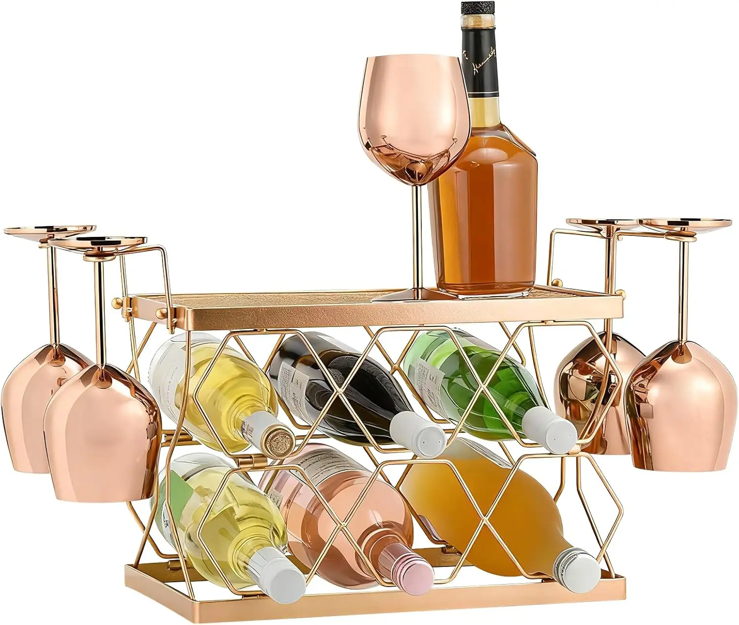 

Металлическая подставка для вина цвета розового золота на 6 бутылок и 4 бокала, отдельно стоящий кухонный органайзер для домашнего декора