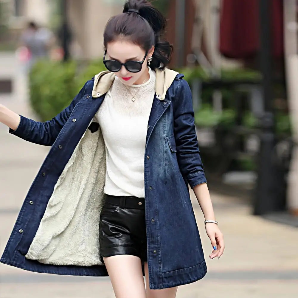 

Winter Denim Jacket For Women Hooded Casual Thick Warm Windbreaker Coat Large Size Long Student Jeans Jacket Coat 4XL H622