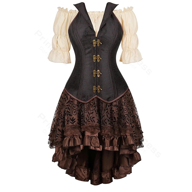 Steampunk Corset Dress Brown Pirate Costume Blouse Shoulder Off Underbust Corset Plus Size Cosplay Pirate Dresses for Women