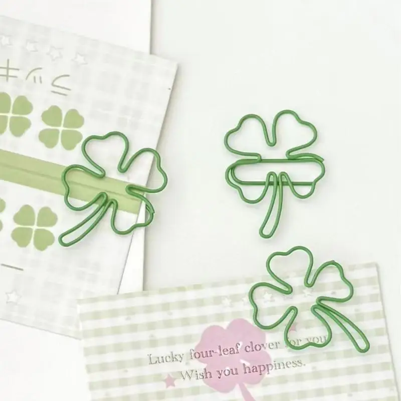 50 Pcs INS Style Green Clover Paper Clips, Clippings, Decorative Clips, Mini Metal Bookmarks, Office Desk Accessories