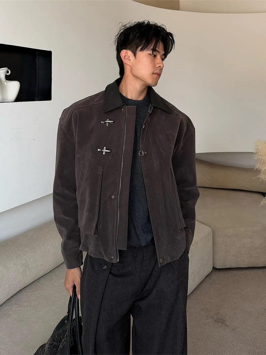 

American Retro Brown Leather Collar Aircrt Button Jaet Men's Simple Casual High-End Faion Long Sve Outerwear