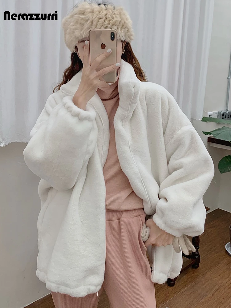 Nerazzurri Autumn Winter White Oversized Thick Warm Soft Faux Rabbit Fur Jacket Women Zip Up Loose Casual Fluffy Jacket 2024