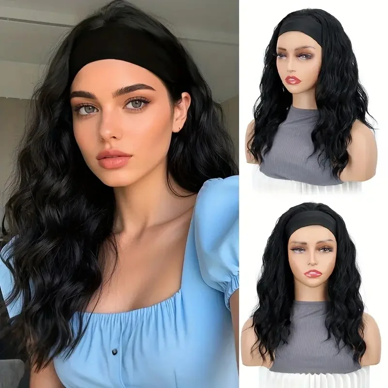 Women's Black Short Wavy Curly Headband Wig Heat Resistant Fiber Synthetic Wig for Daily Party Wear image 6