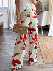 All Season Loose Casual Women Trousers 2025 Elegant Femme Mid Waist Print Long Pants Streetwear Patchwork Vintage Wide Leg Pants