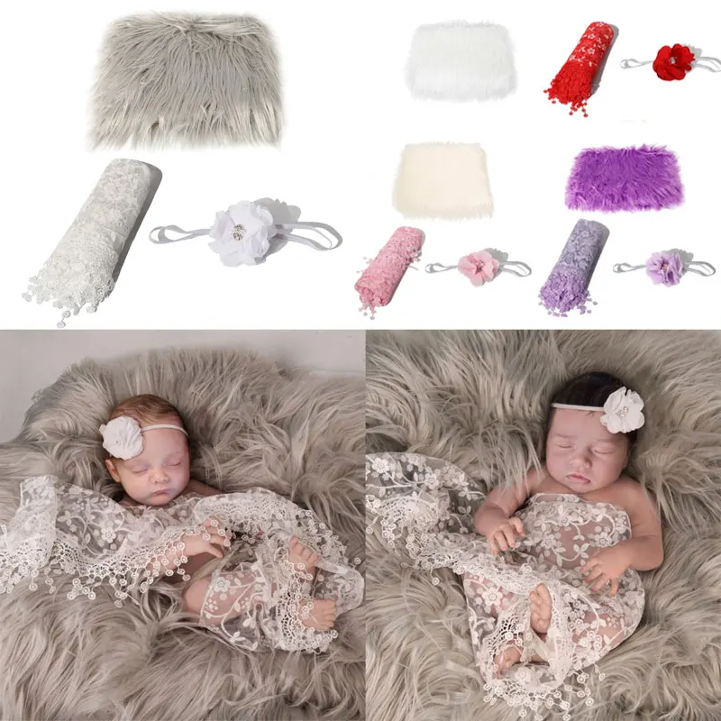 

3 Pcs/Set Newborn Photography Props 60*50cm Baby Mohair Blanket Stretch Wrap Cloth Flower Knotted Headband Infants Shower Gifts