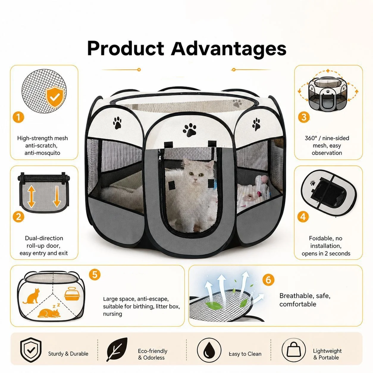 Portable Foldable Octagon Pet Tent, Cat Maternity Whelping Box, Breathable Enclosed Dog Cat House, Indoor Isolation Fence for Pr