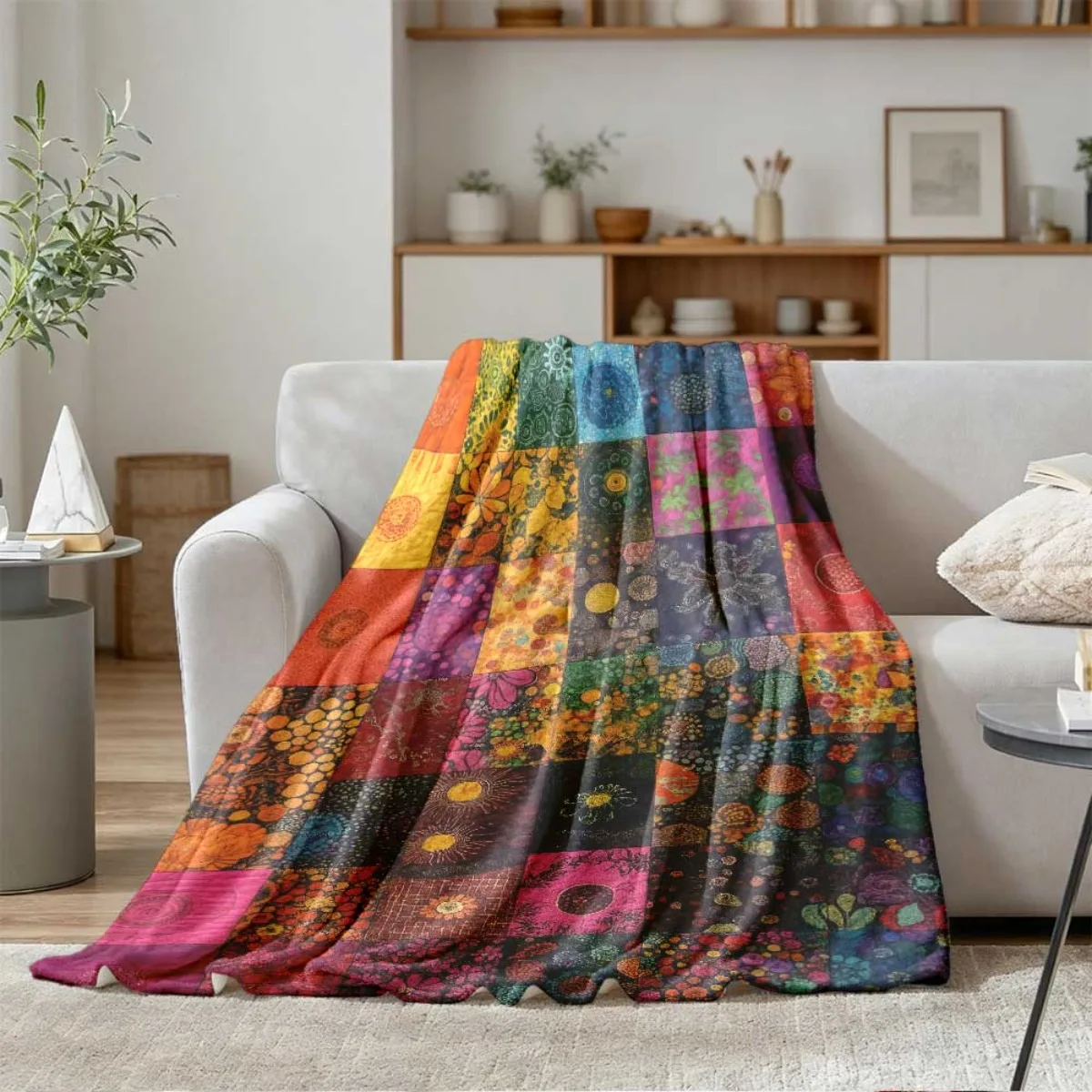 Vibrant Boho Patchwork Throw Blanket, Colorful Mandala Floral Square Art Print Cozy Flannel Blanket for Bedroom Sofa Home Decor