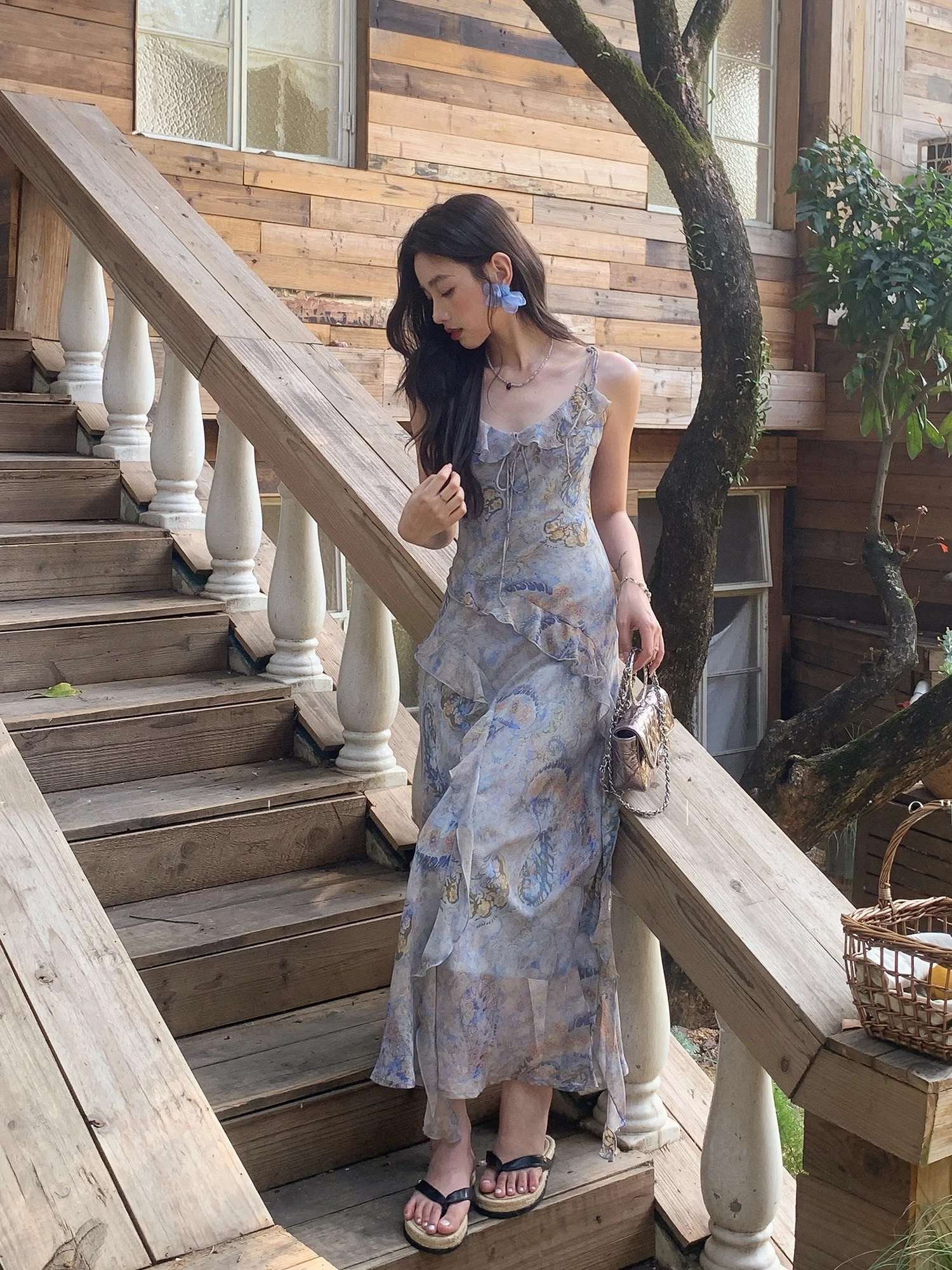 

IIECHOES Spring Letter V-Neck Floral Trim Belted Slimming Dress Women's Sleeveless Gauze Long Dress Holiday Style Casual Wear