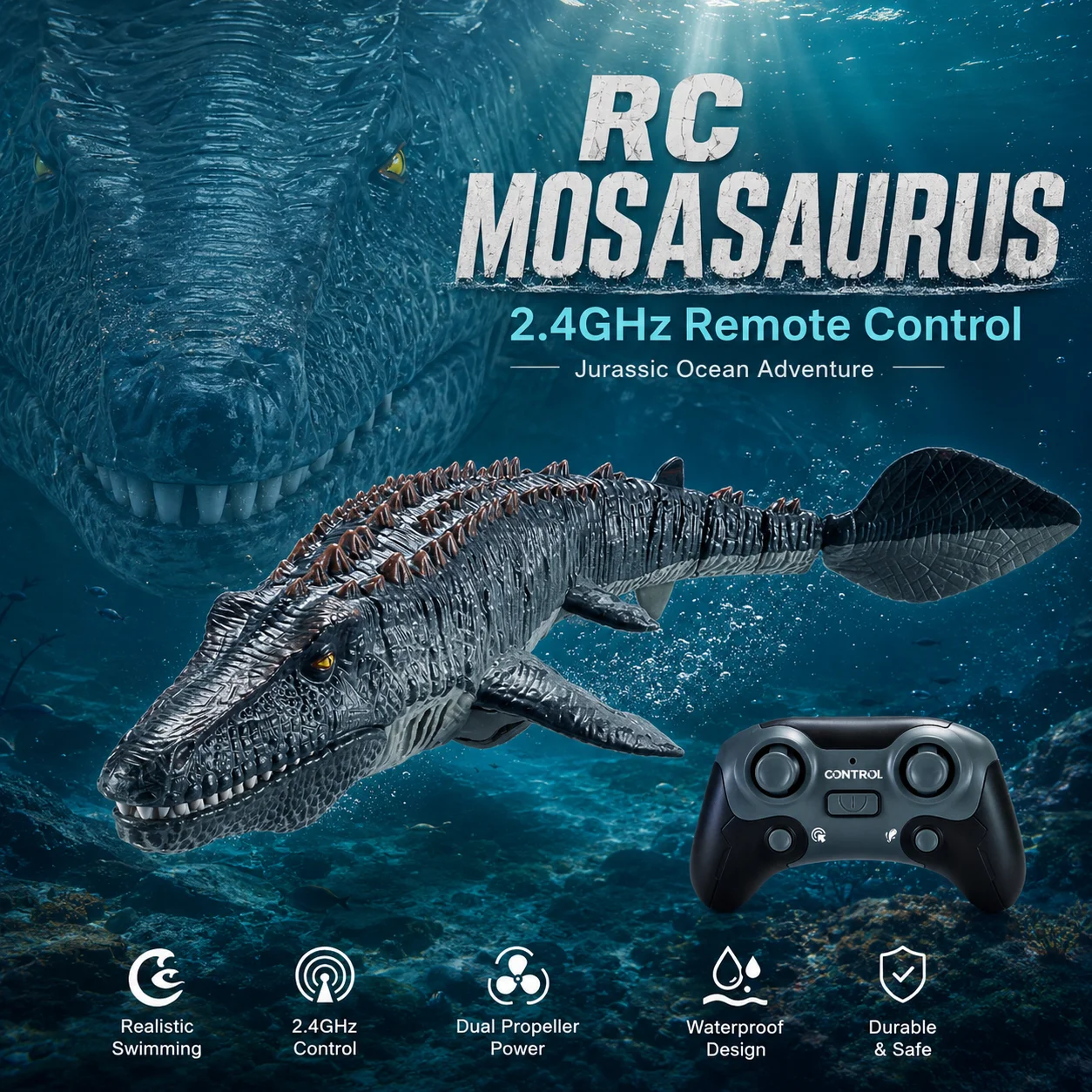 Jurassic RC Mosasaurus Dinosaur Boat, 2.4G Remote Control Water Toy for Pool Outdoor Play, Kids Birthday Gift