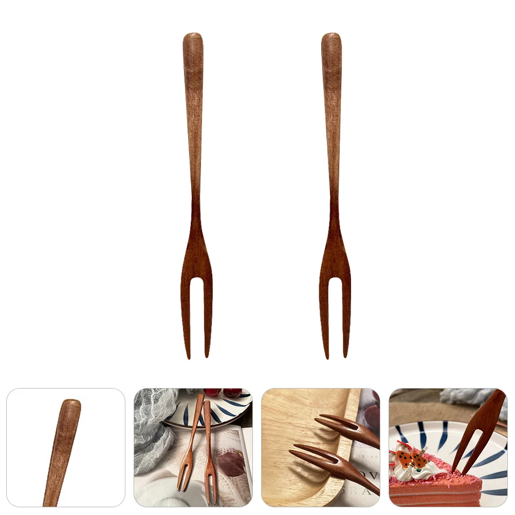 2 Pcs Two Tooth Fruit Picks Dinnerware Wooden Fork Olives Sandwiches Dessert Mini Tasting Forks Baby Buffet Serving Utensils