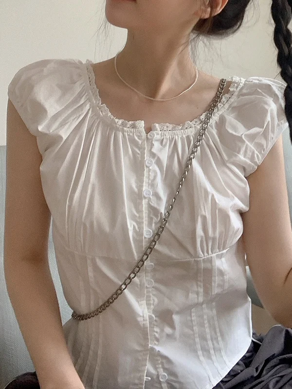 

Sweet Sle Lace Trim Single Button Ladies irt ort Sve Cute Top Summer Faion Women's Premium Quali Faionable Blouse