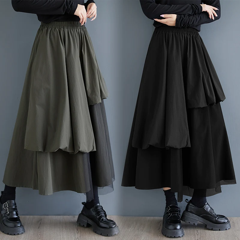 New A-Line Midi Skirt Asymmetrical Mesh Pleated Splice Versatile Slimming Dark Style Casual High Waist Polyester Cotton Blend
