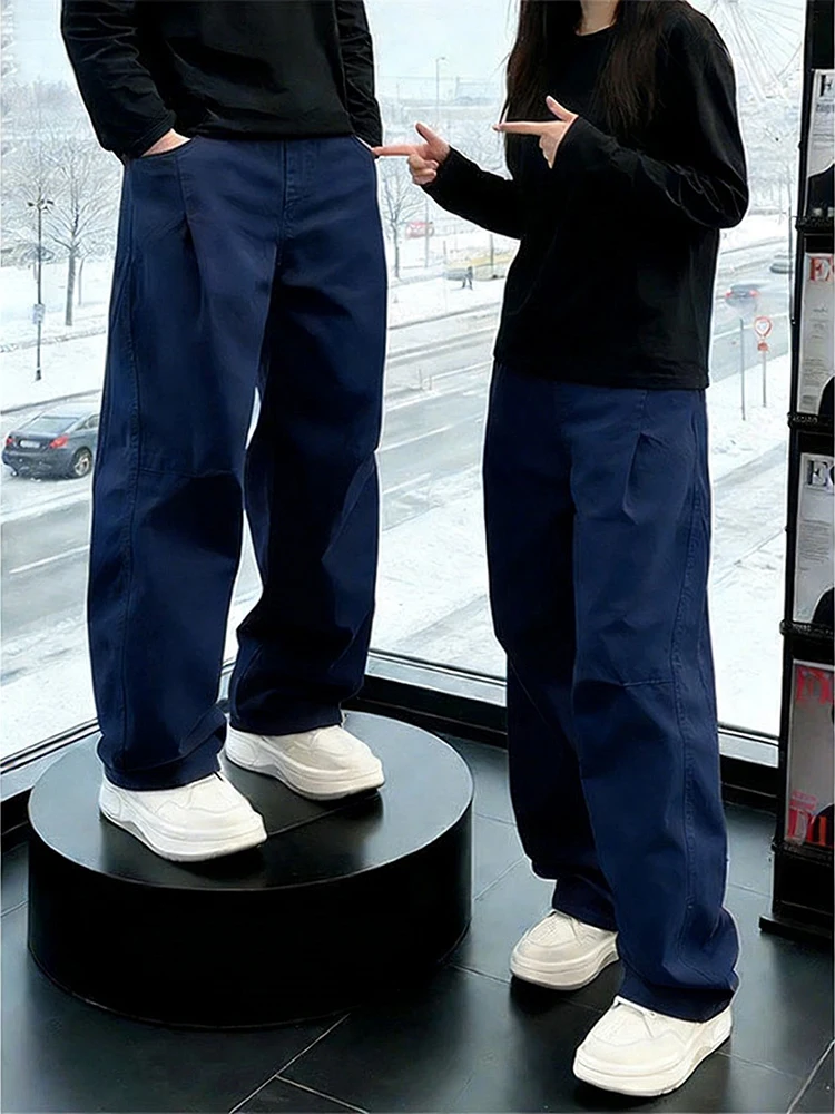 

Королевские синие плиссированные брюки из чистого хлопка прямого кроя для мужчин, повседневные, весенне-осенние, с высокой талией, свободного кроя, модные, для работы