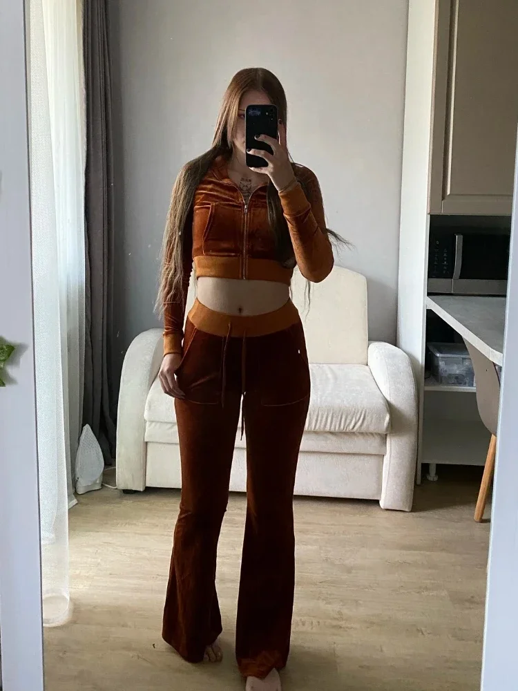 

Laxsesu Solid Velour Two Piece Set Women Simple Casual Zipper Long Sleeve Turtleneck Top+Bandage Lace Slim Female Wide Leg Pants