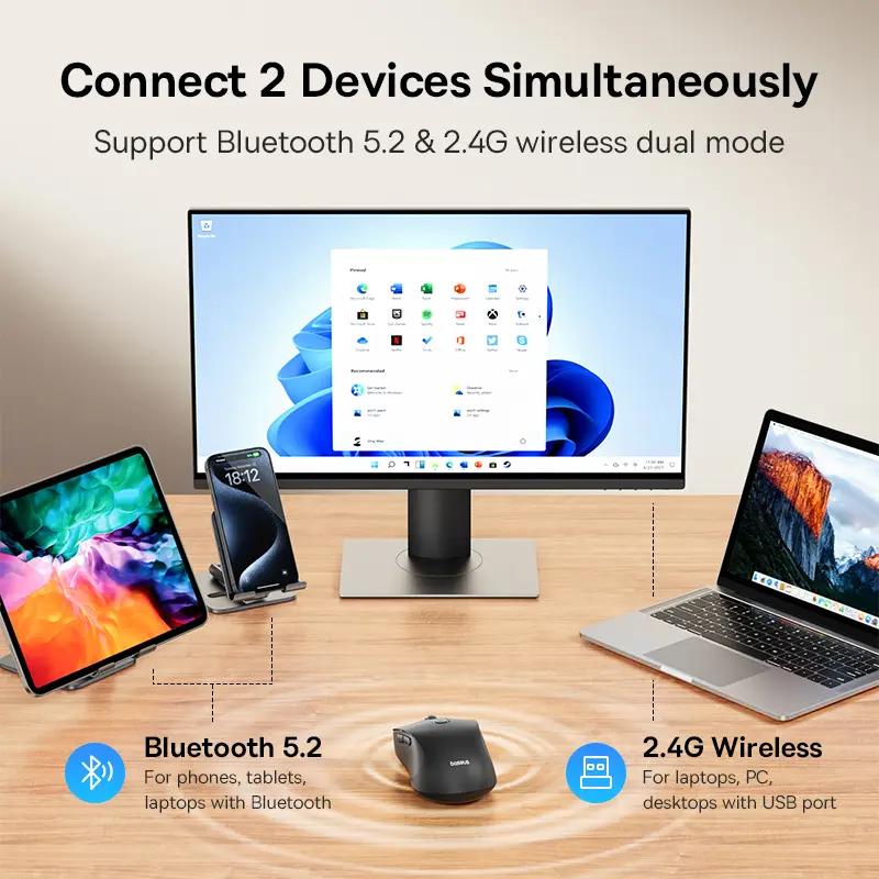 فأرة Baseus F02 لاسلكية بلوتوث 5.2 و2.4G بدقة 4000DPI مريحة مع 7 أزرار صامتة لأجهزة iPad وMacBook والأجهزة اللوحية والكمبيوتر المحمول - 2