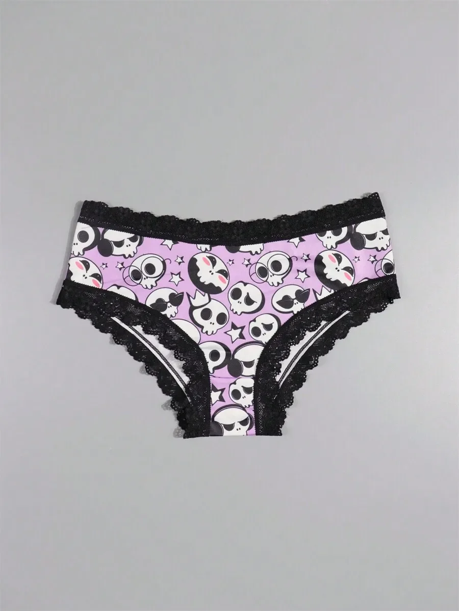 

Womens Gothic Low-Rise Hipster Panties With Skull Star Print And Black Lace Trim