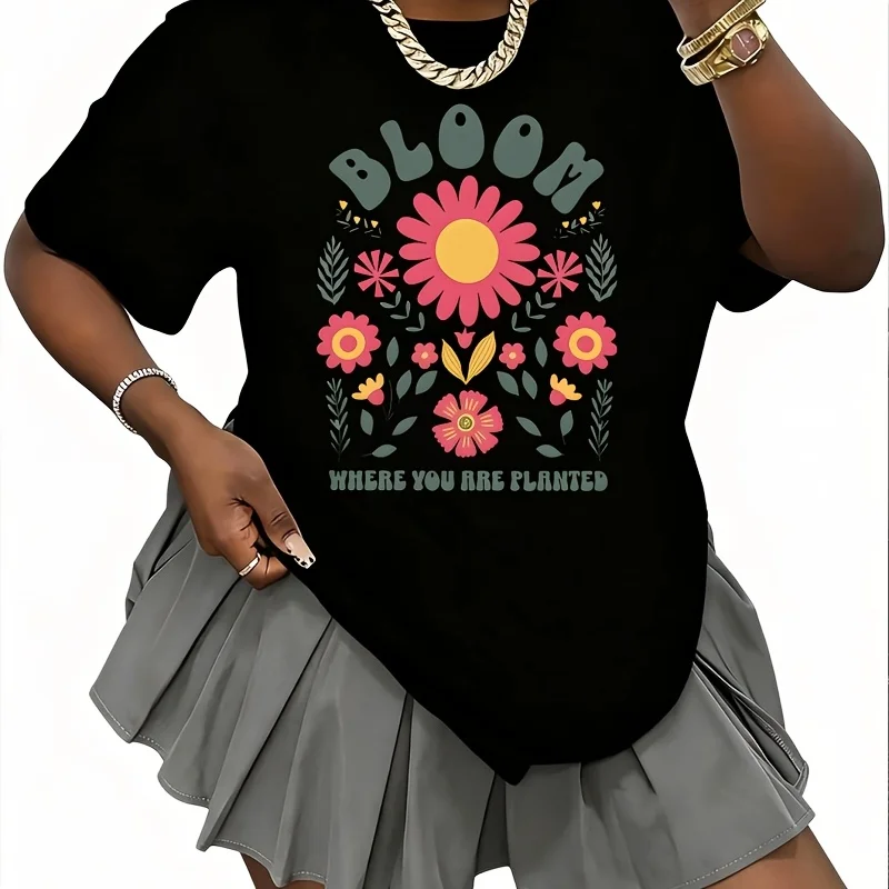 Bloom Where You Are Planted Women's 100% Cotton T-Shirt Fun Print Short Sleeve Top Casual Round Neck Tee S-5Xl