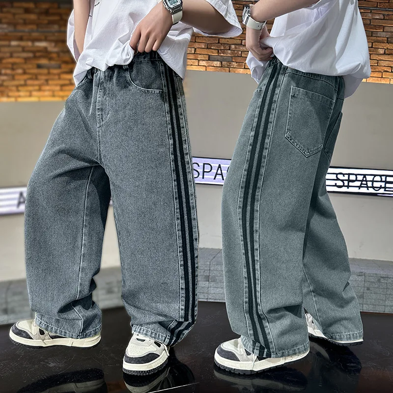 

Children's Jeans 2025 Spring Autumn New Teenager Children Straight Leg Pants Boys and Girls American Side Stripes Wide-leg Pants