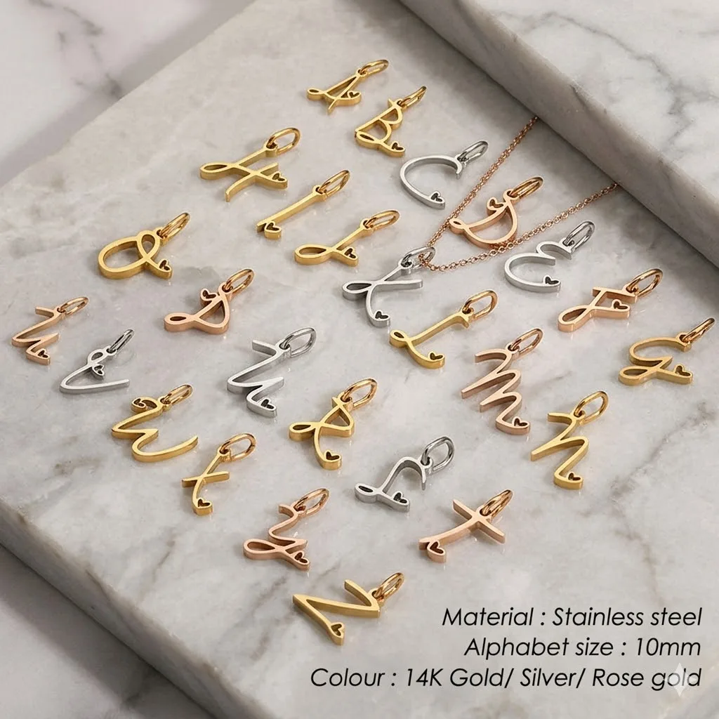 26 Script Initial Letters Pendants for Women Gold Stainless Steel Cursive Alphabet Charms with Tiny Heart for DIY Jewelry Making