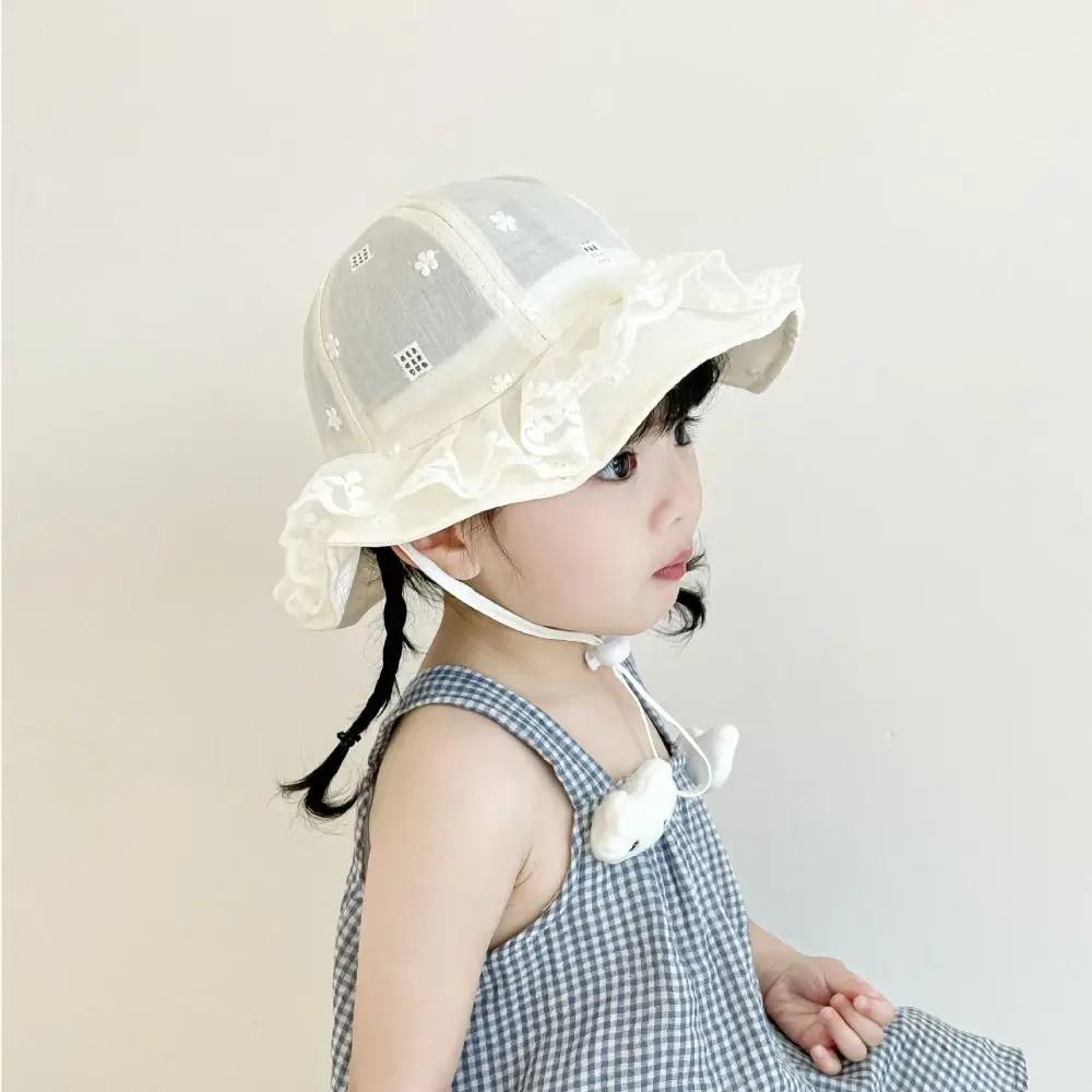 

Fashion Sweet White Lace Bucket Hat Sunscreen Princess Toddler Sun Hat Ruffle with Rope Baby Fishermen Hat Newborn