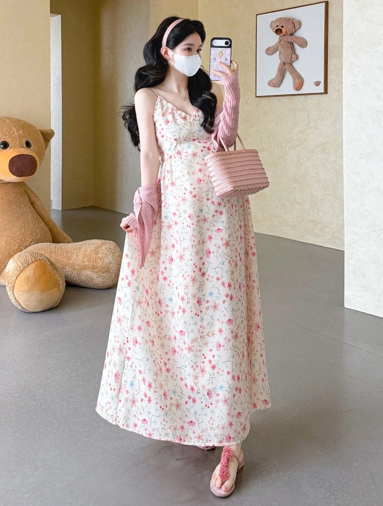 Maternity Suit Summer French Pastoral Style Floral Print Spaghetti Strap Dress and Pink Cardigan for Pregnant Women 2026