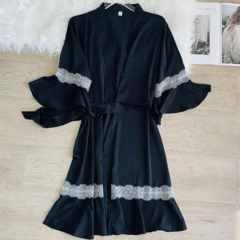 Satin Bathrobe Gown Lace Patchwork Robe Women Silky Kimono Gown Summer New Nightgown Sexy V-neck Loungewear Home Dressing Gown