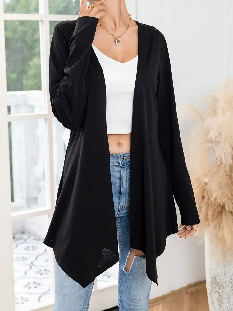 Spring Women\'s New Fashionable Temperament Plus Size Solid Color Long Sleeved Cardigan Long Top