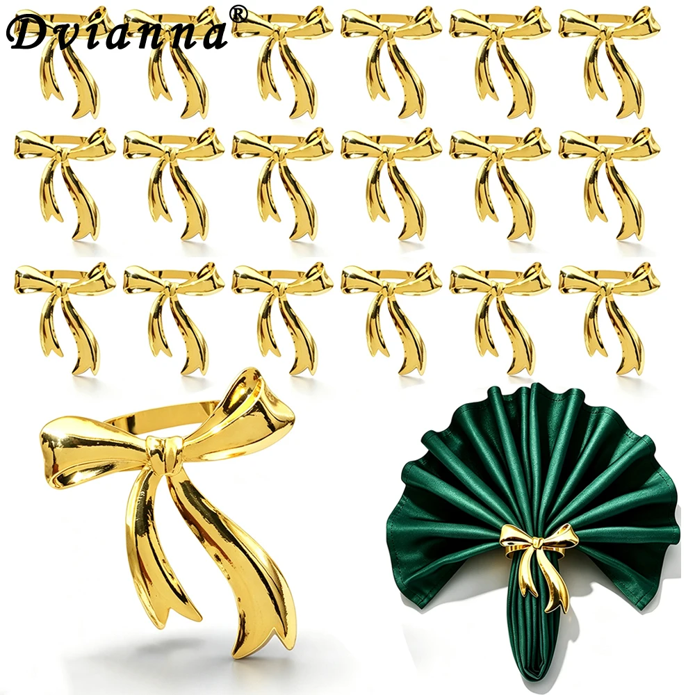 20Pcs Christmas Bow Napkin Rings Gold Metal Napkin Holder Wedding Fall Party Dinner Table Decor