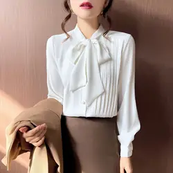 Spring Autumn New Pleated Bow Lacing Shirt Tops Long Sleeve Solid Color Loose Office Blouse Temperament Fashion Women Clothing