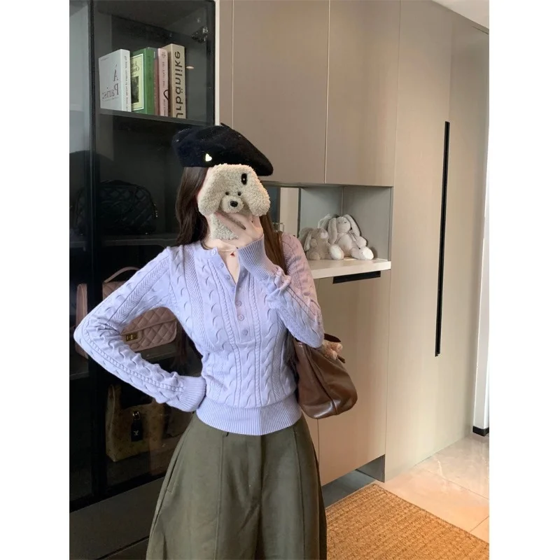 

Мягкий фиолетовый вязаный свитер с длинными рукавами для женщин, облегающий, с круглым вырезом, универсальный, омолаживающий, весенний, новый стиль, корейский повседневный стиль