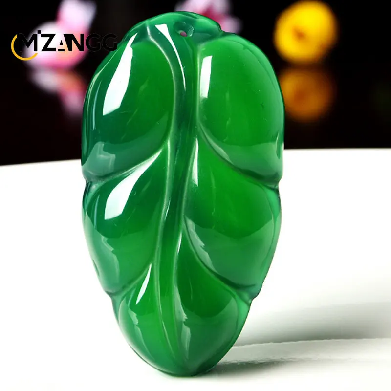 Genuine Natural Green Jade Leaf Pendant for Women Fashion Chalcedony Charms Ice Seed Green Chalcedony Pendant