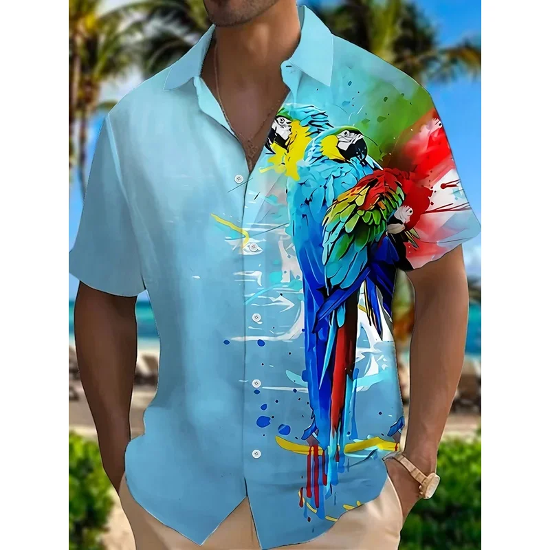 2025 New Men's Shirt 3d Fashion Casual Parrot Bird Print Hawaiian Lapel Button Shirt Short Sleeve Top Homme Harajuku Men's Cloth