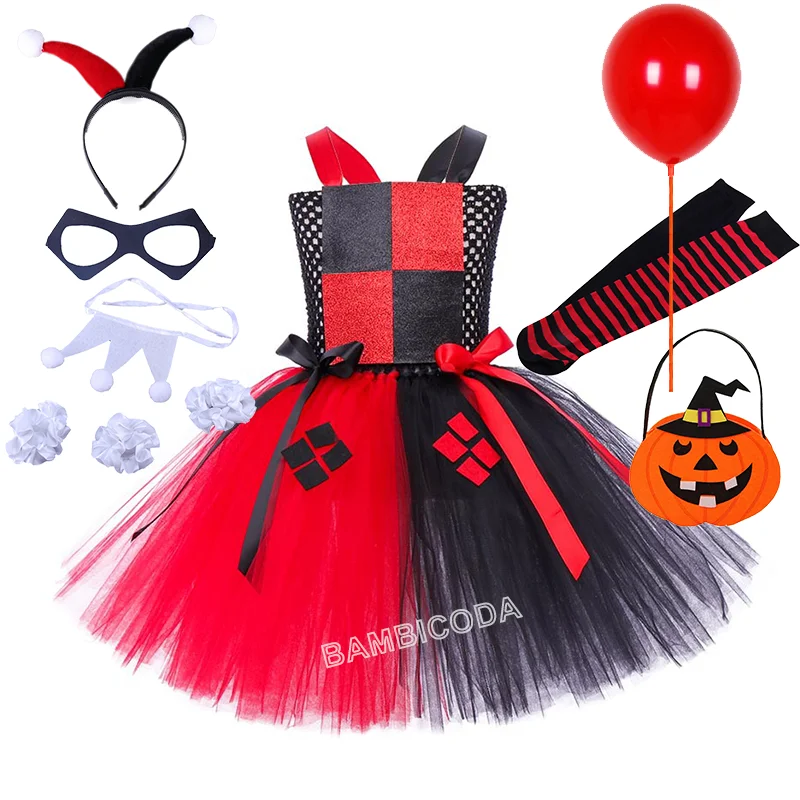 Halloween Costume Red Black Girls Tutu Dress Cosplay Scary Clown Costume Girl Carnival Masquerade Party Dress Up
