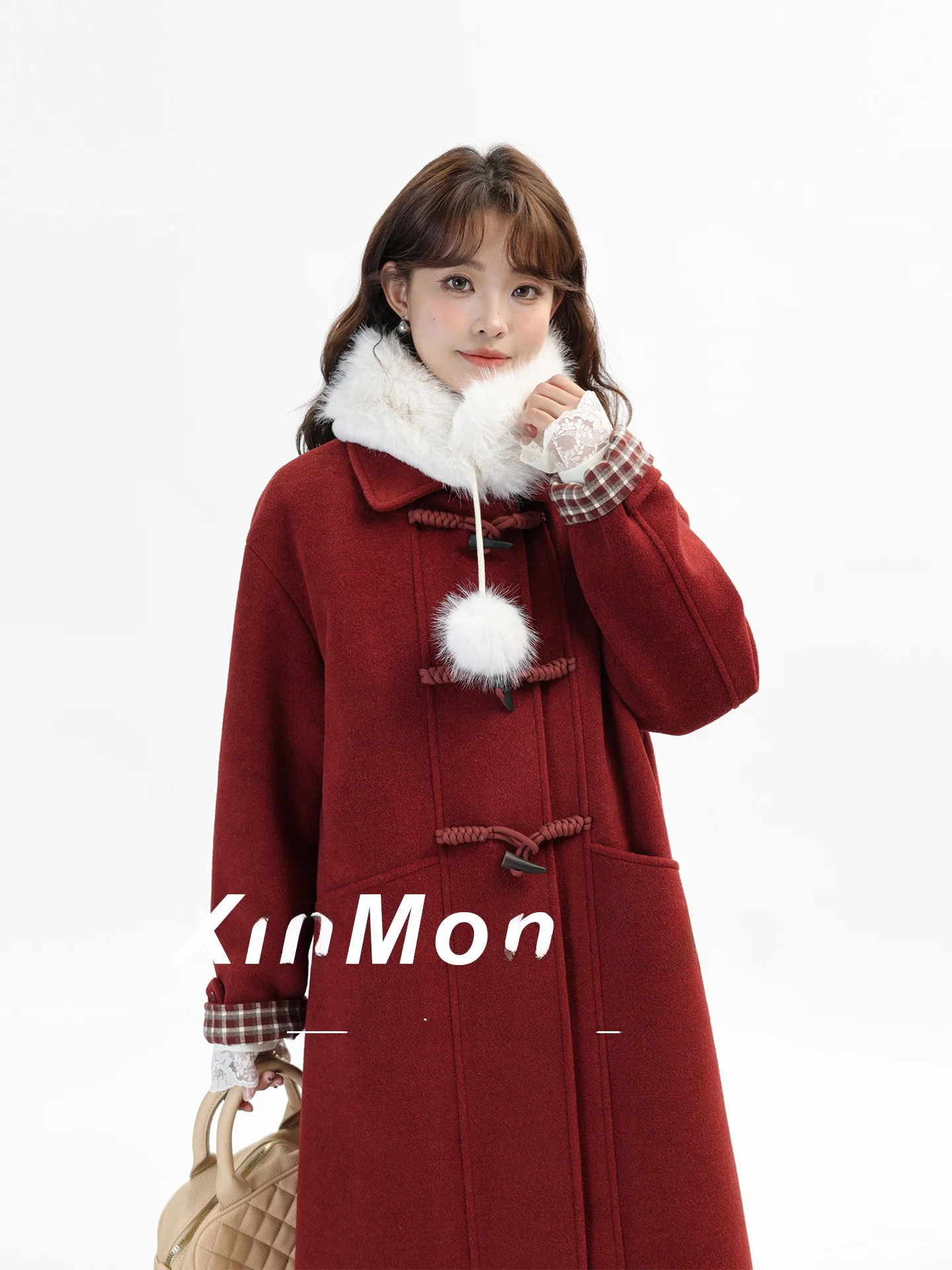 

Красное шерстяное пальто Ele с длинными рукавами, корейский прямой крой, зимнее, теплое, с пуговицами, для повседневной носки