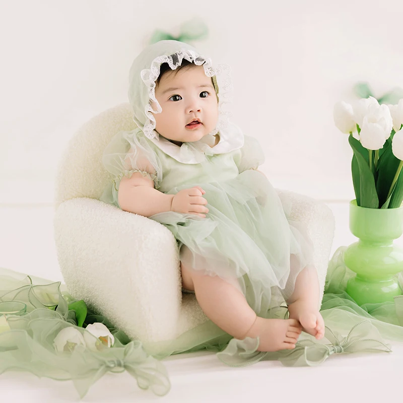 Sweet Baby Dress Lace Hat+Mesh Skirt 2pcs/Set Mesh Bow Artificial Tulips Photo Decoration Bear Pillow 100 Days Baby Shoot Props