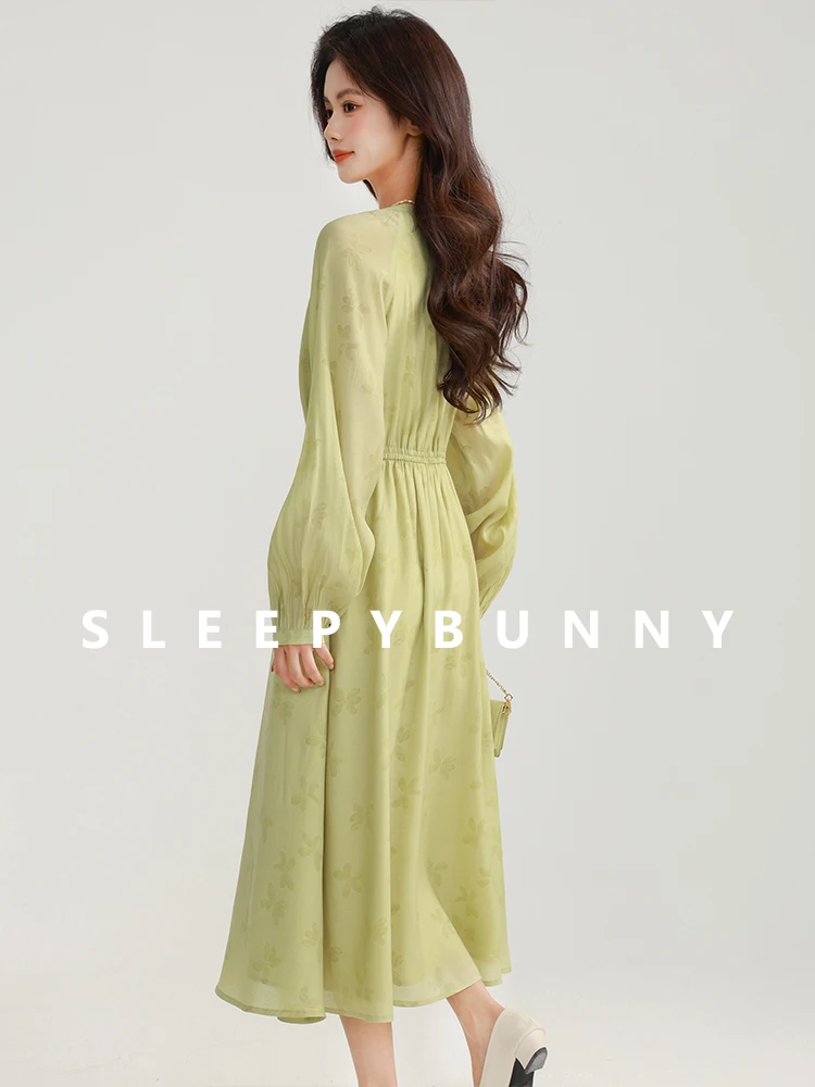 Blumen-Chiffon-Kleid mit U-Ausschnitt, hohe Taille, lockeres Kleid, lässiges Frühlings-langes Kleid, Schulterausschnitt, Ärmel, schlankmachendes A-Linien-Design für Damen