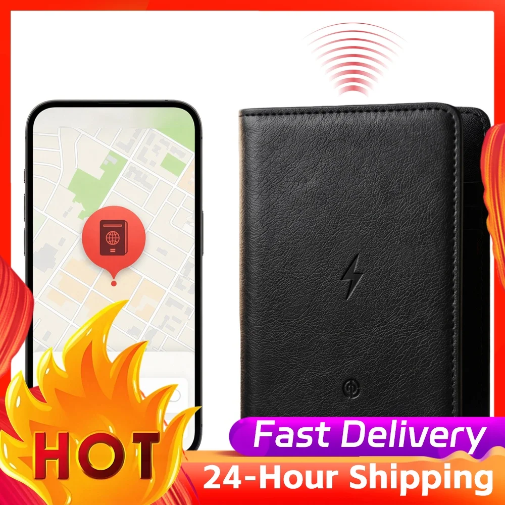 Leather Passport Wallet Smart Anti-Lost Tracker Location Compatible Multi-Card Slot Holder for Wireless Charging Travel