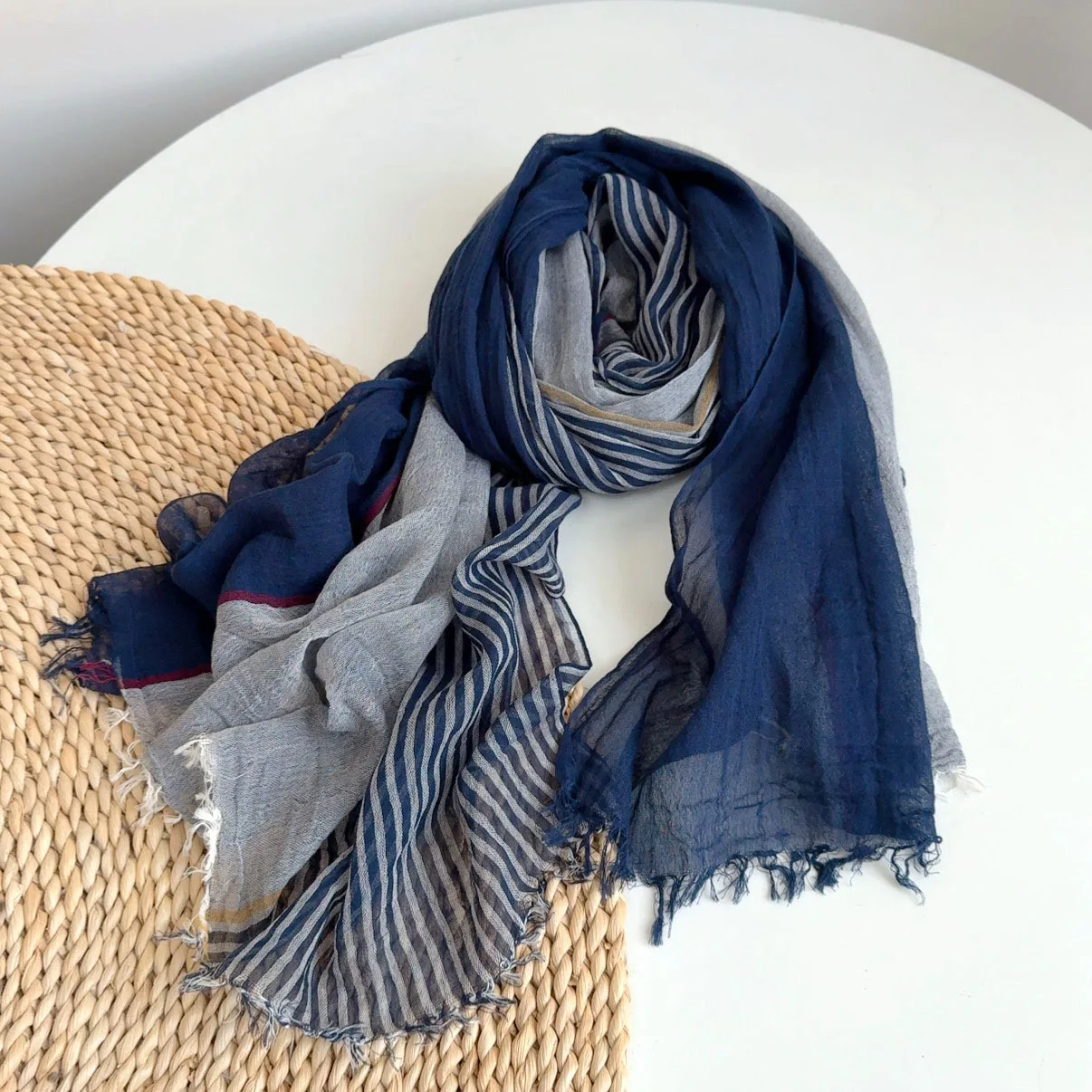 디자이너 브랜드 스트라이프 코튼 린넨 남성 스카프 가을 겨울 남성용 따뜻한 넥커치프 남성 액세서리 짧은 테슬 머플러