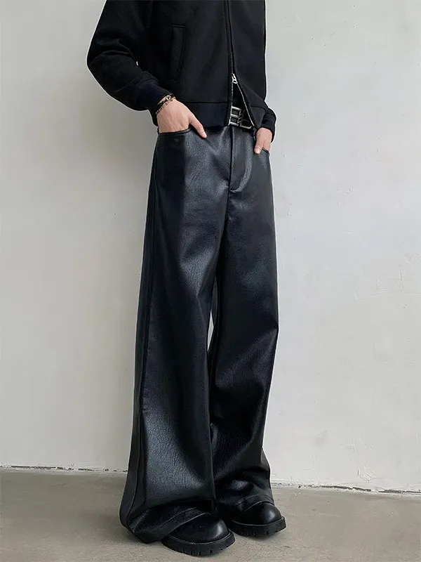 American Style Cleanfit Cool Punk PU Leather Pants Men Loose Wide Leg Long Casual Dragging Trousers Straight Cut Streetwear view 3
