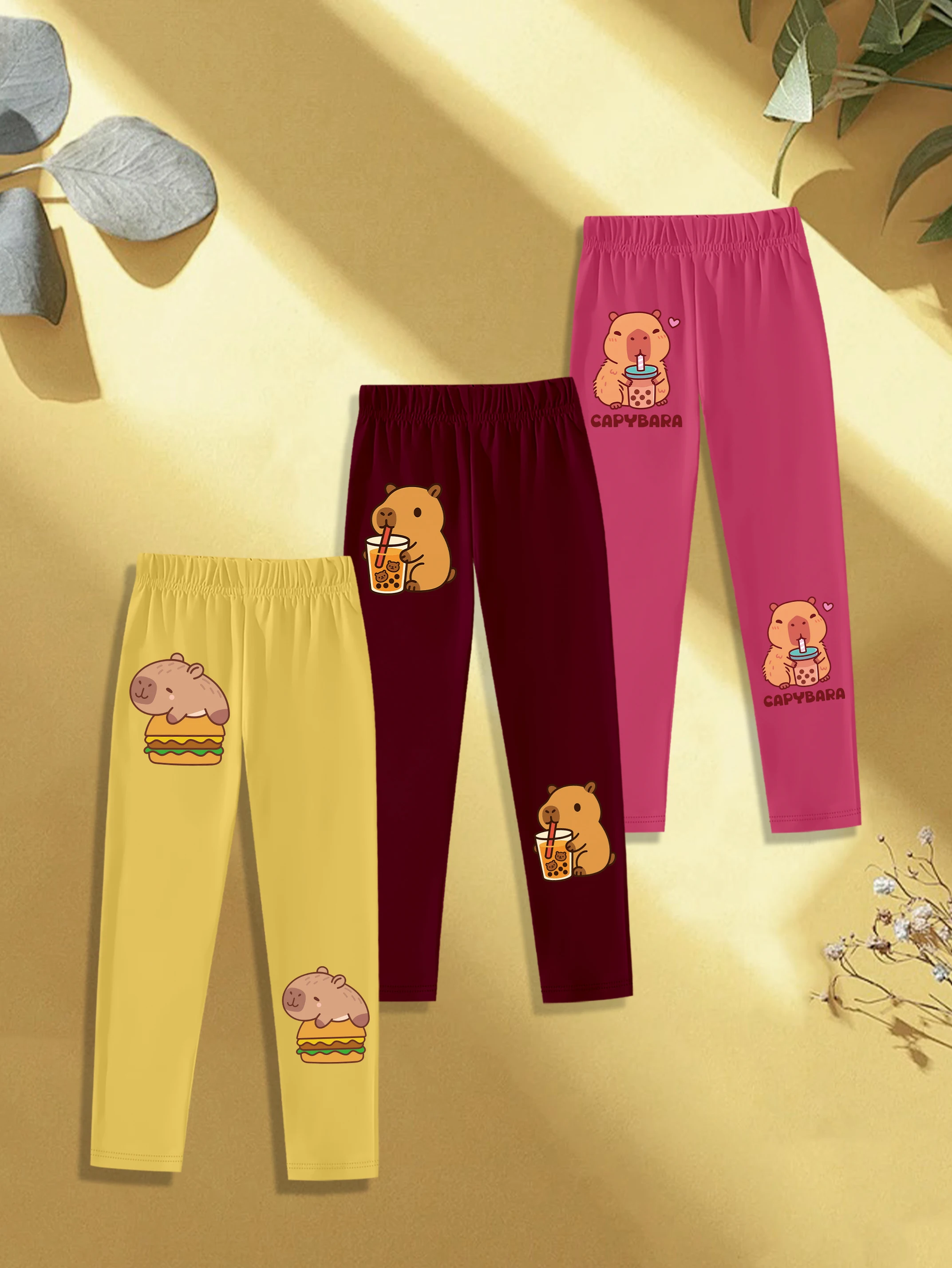 3 pieces: Autumn Girls Leggings Cute Capybara on Burger Print Sweet Bubble Tea Capybara Kids Bottoms