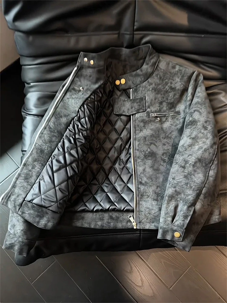 

Bla American Dyed PU Leather Cotton Jaet Men's Winter Motorcycle Sle Stand Collar Leather Jaet Outerwear Coat