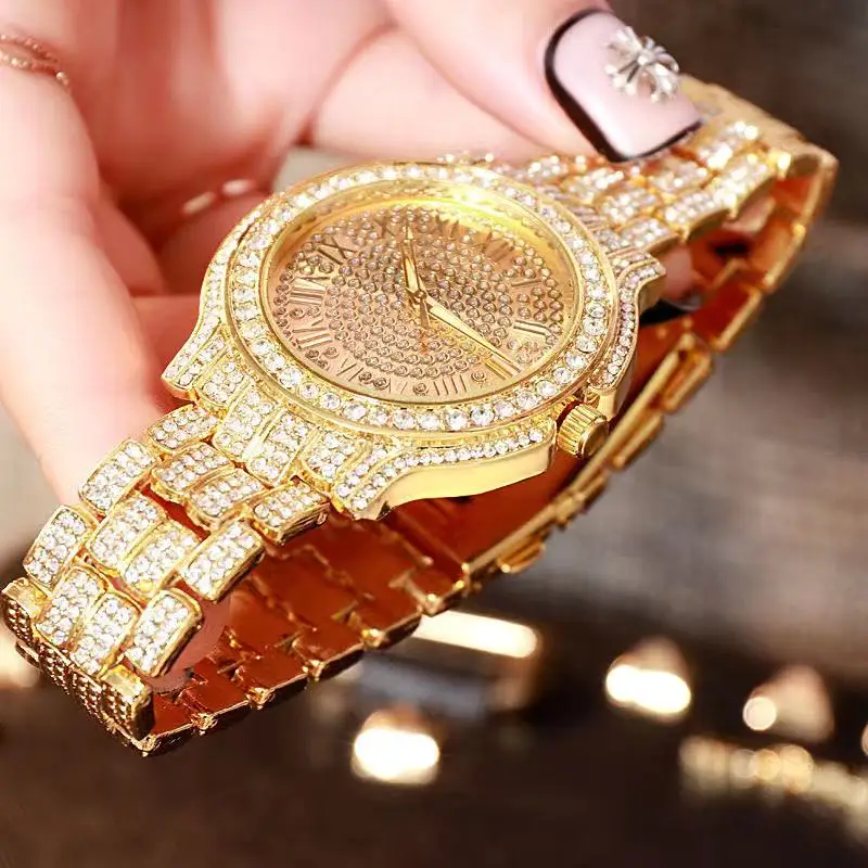 Silver Gold Watch + Bracelet Watches Set Hip Hop Miami Curb Cuban Chain Iced Out Paved Rhinestones Bling Rapper for Men Jewelry