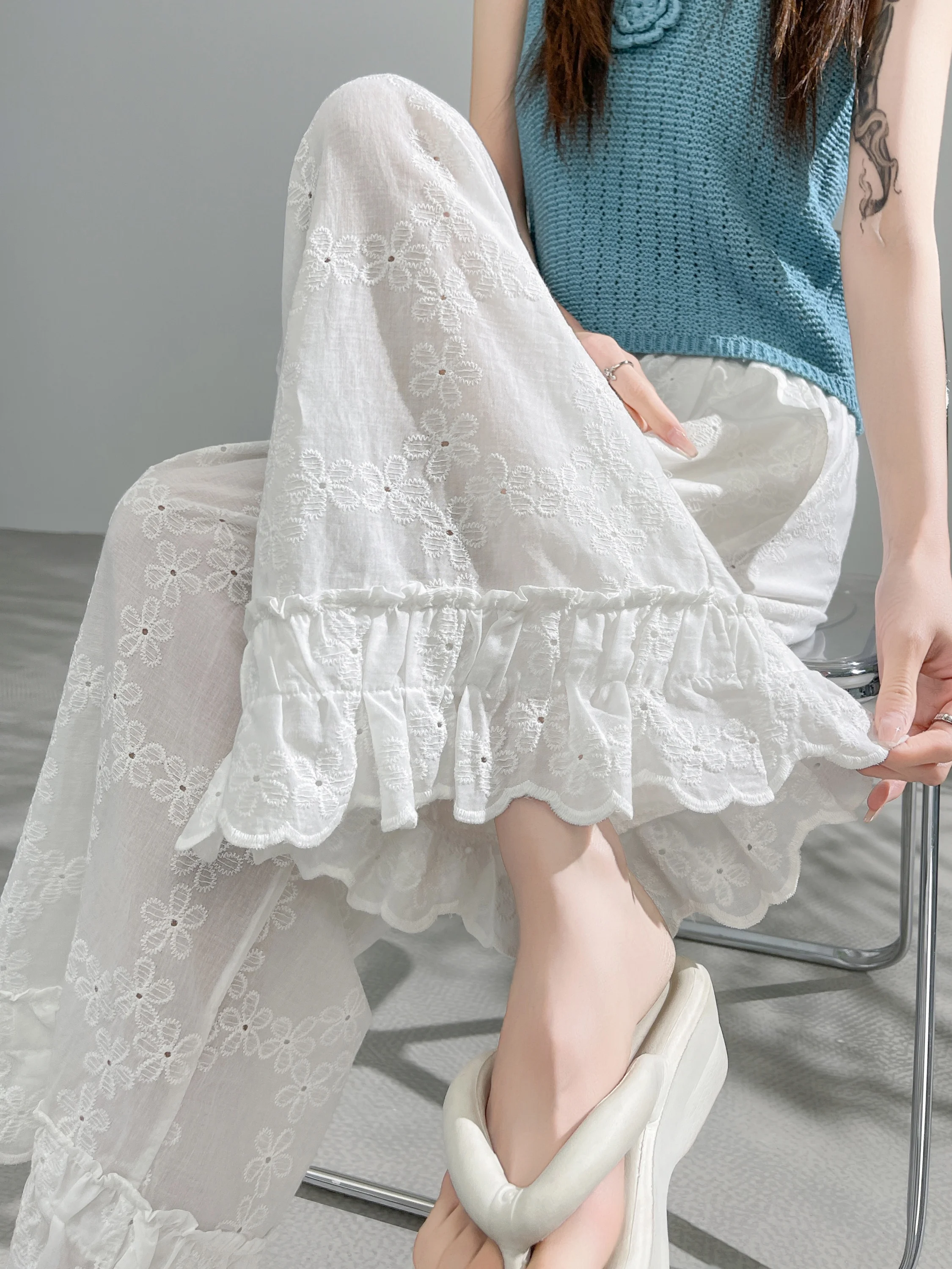 

Lace Trim Hollow out Thin Wide Leg Pants Women's Summer New Style Small Size Slimming Casual Drapey Versatile High Waist Elas...