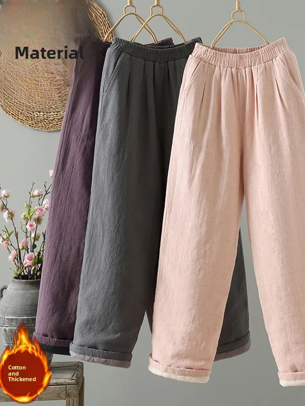 

Женские широкие брюки в стиле ретро, утепленные хлопком, с эластичным поясом, из хлопка и льна, повседневные, прямого кроя, больших размеров, для похудения.