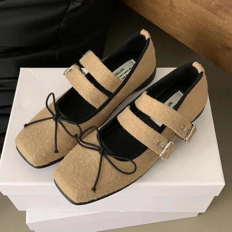 Sapatos Mary Janes para mulheres, alça de fivela, nó borboleta, sapatilha rasa, calçado para senhoras, moda feminina