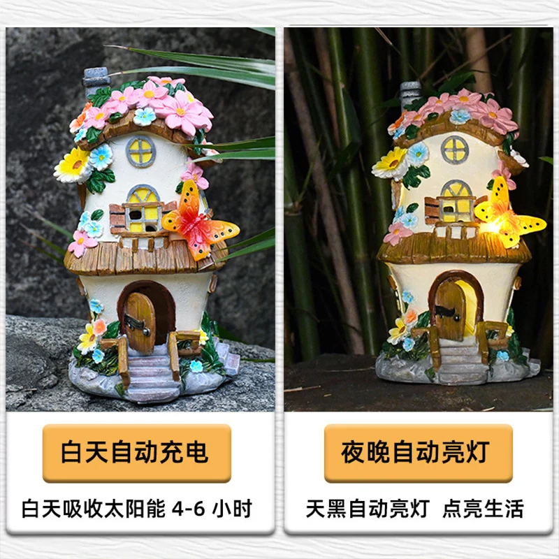 Solar Powered Resin Cottage Christmas Outdoor Patio Garden DecorationLEDFairy Tale Atmosphere Creative Night Light Ornament