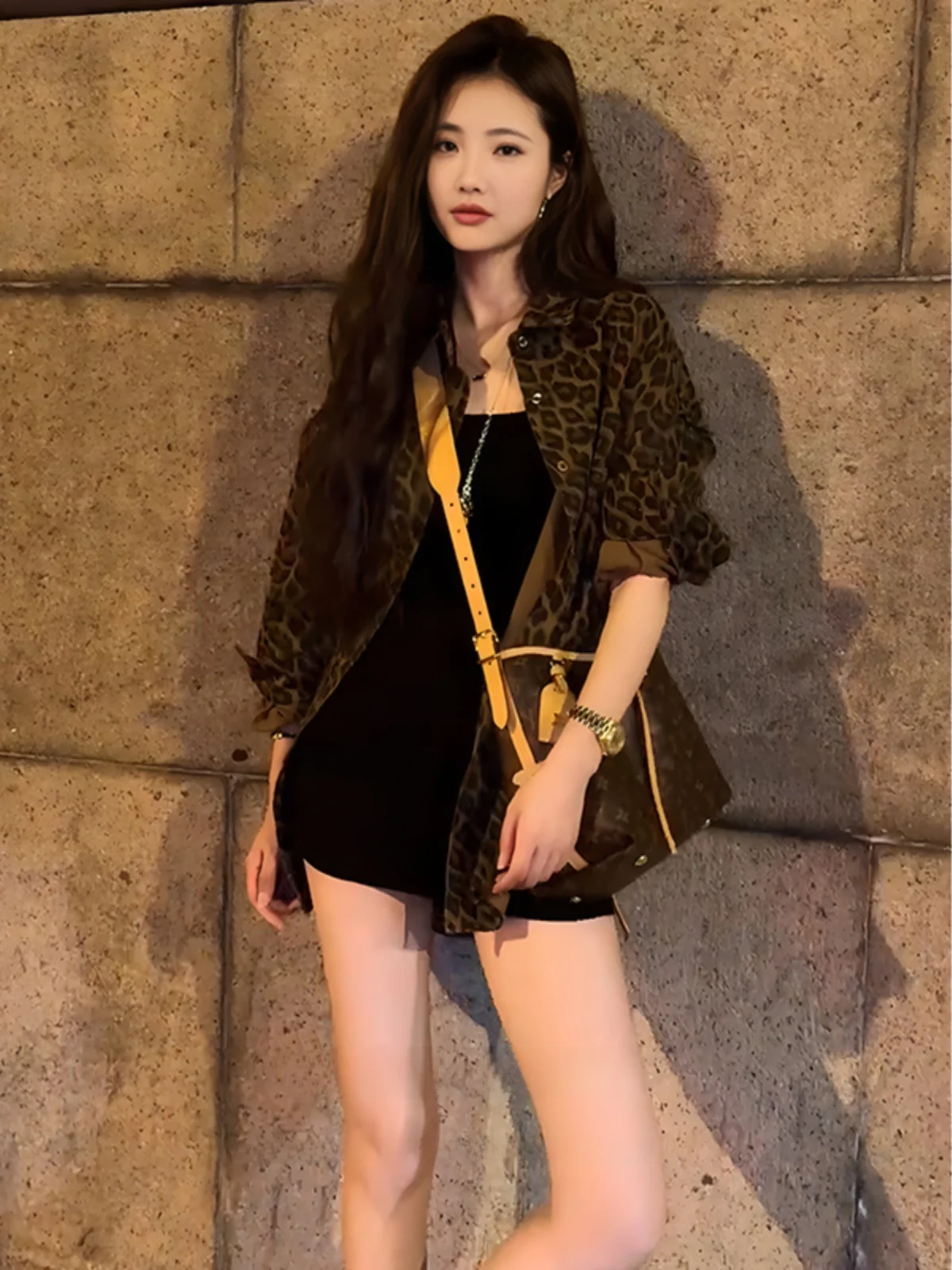 Trendy Leopard Print Blouse Hong Kong Style Retro Outerwear Women's Autumn New Design Loose Mid-Length Open Cardigan Small Top